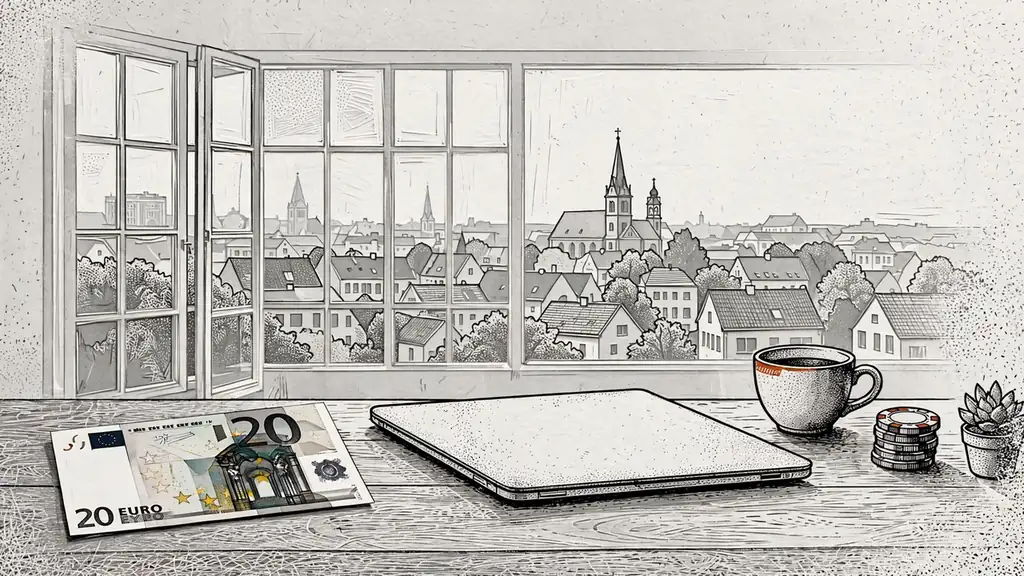 Zwanzig-Euro-Schein neben geschlossenem Laptop auf Schreibtisch