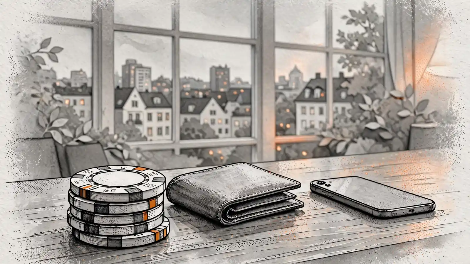 Casino-Chips und ein geschlossenes Portemonnaie auf einem Holztisch in einem modernen deutschen Apartment.