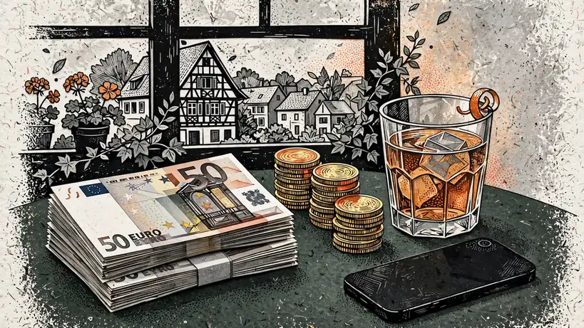 Stapel Euro-Scheine und goldene Casino-Chips auf grünem Filz