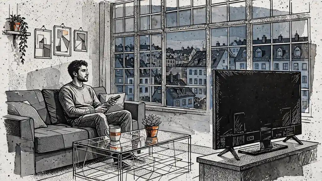 Mann auf Sofa mit Fernbedienung vor ausgeschaltetem Fernseher abends