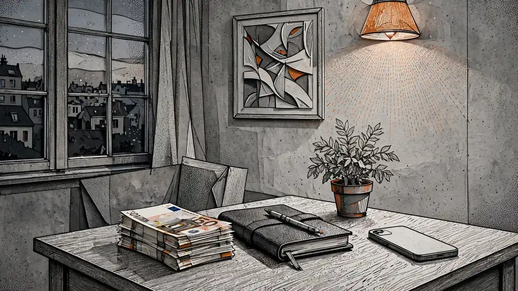 Abendliche Szene im Wohnzimmer mit gestapelten Euro-Banknoten und geschlossenem Notizbuch auf einem Holztisch.
