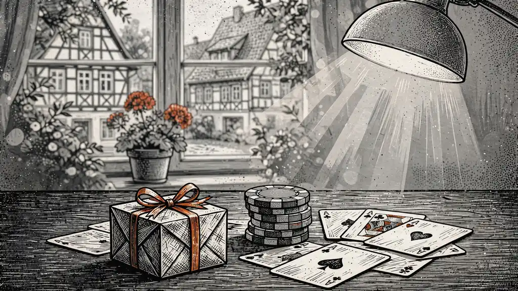 Geschenkbox mit roter Schleife neben Casino-Chips und Spielkarten auf einem Holztisch