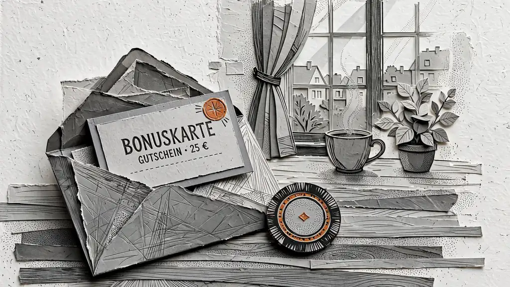Ein geöffneter Briefumschlag mit Bonuskarte und Spielchip auf einem Holztisch