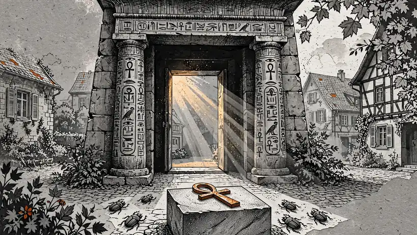 Ägyptischer Tempeleingang mit Hieroglyphen-Säulen und goldenem Anhänger im warmen Sonnenlicht.
