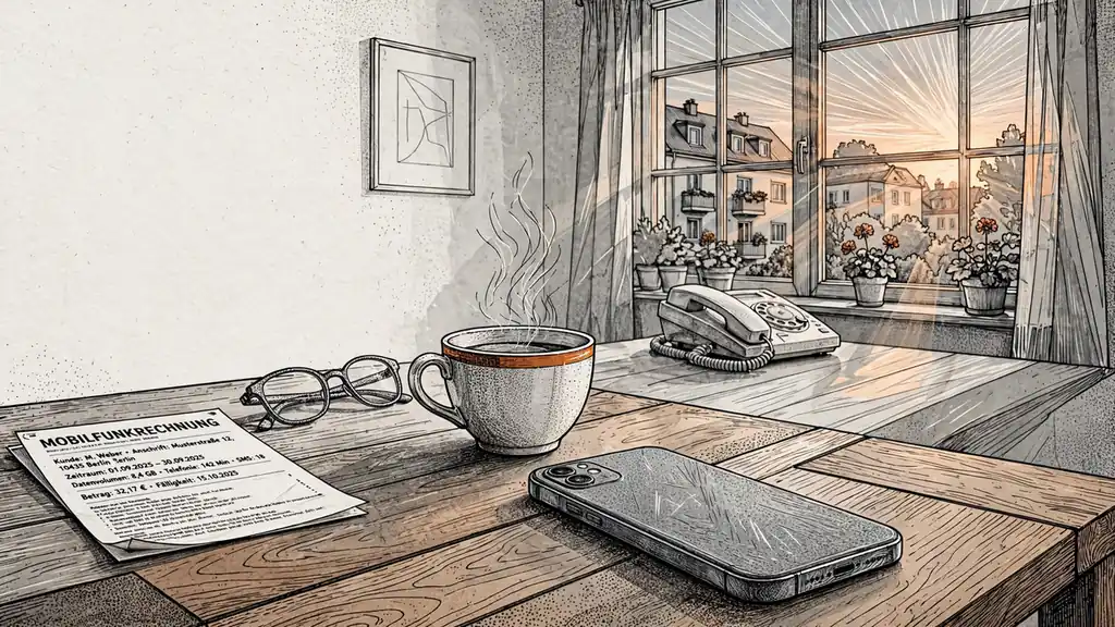 Smartphone mit Gesicht nach unten auf einem Tisch neben einer Handyrechnung