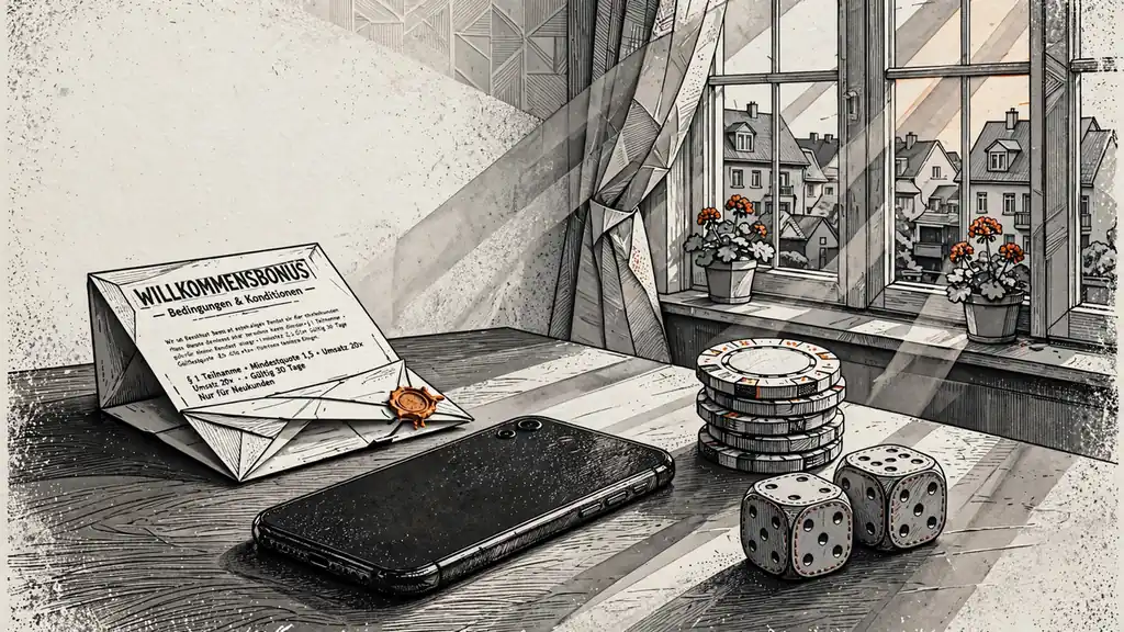 Smartphone mit Casino-Chips und Bonusbedingungen auf Schreibtisch