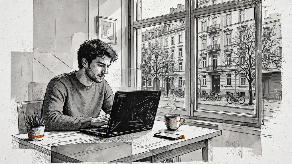 Person am Laptop in moderner Berliner Wohnung, Bildschirm abgewandt, ruhige Alltagsszene