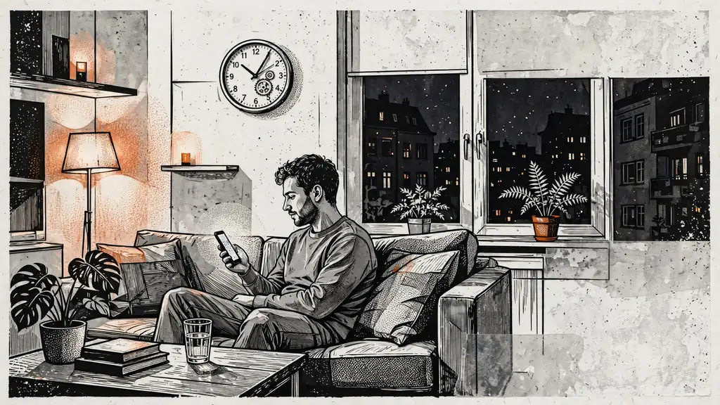 Junge Person wartet auf das Smartphone zu Hause, Uhr tickt im Hintergrund.