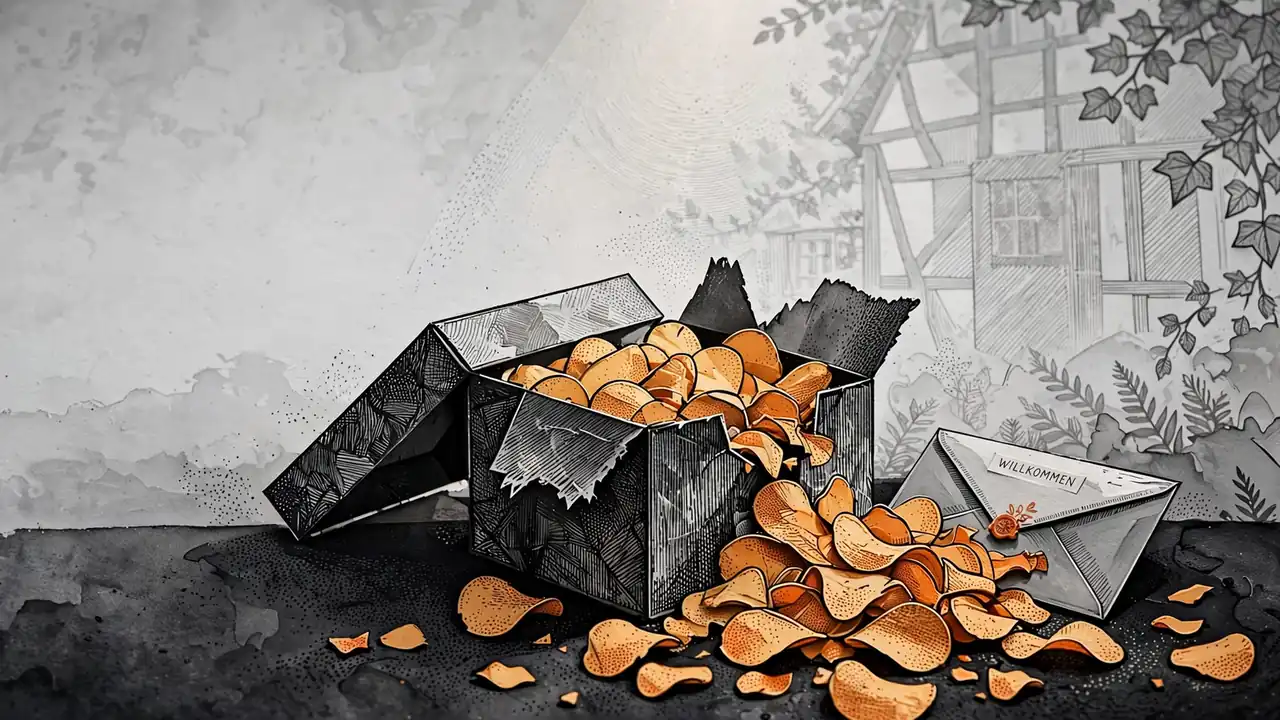 Geschenkbox mit goldenen Casino-Chips auf Filzunterlage
