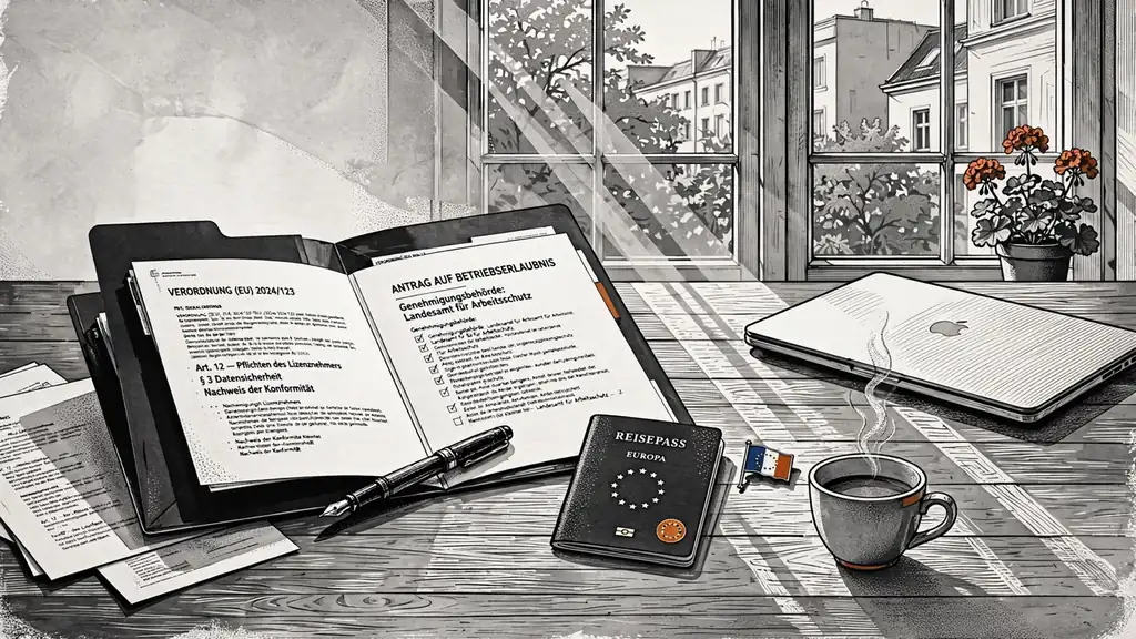 Schreibtisch mit Lizenzdokumenten, Reisepass und Kaffeetasse in Berliner Wohnung
