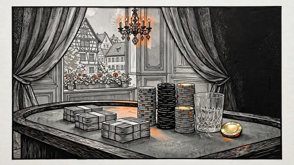 Eleganter Casinotisch mit gestapelten Kartendecks und Spielchips auf grünem Filz unter warmem Licht