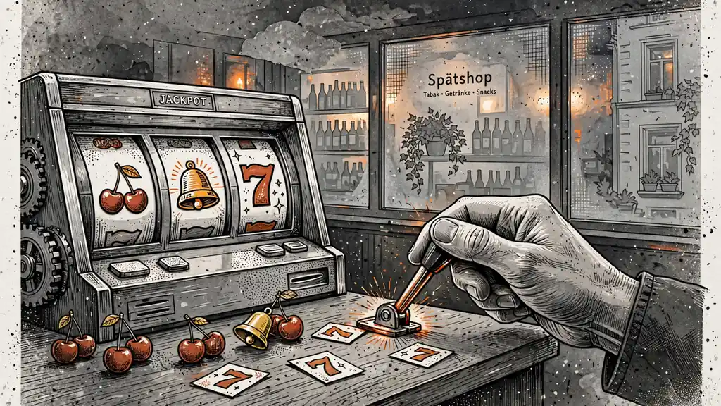 Leuchtender Spielautomat-Hebel mit Früchten und Siebenen auf einer Theke.