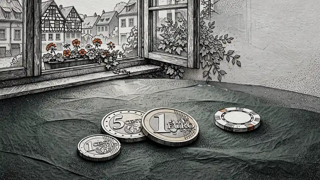 Euro-Münzen und Spielchip auf grünem Filz eines Spieltisches