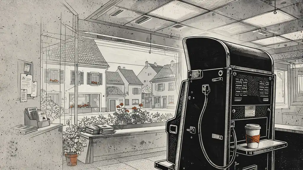 Ein Spielautomat in einer deutschen Spielhalle mit abgewandtem Bildschirm und Tasse Kaffee.