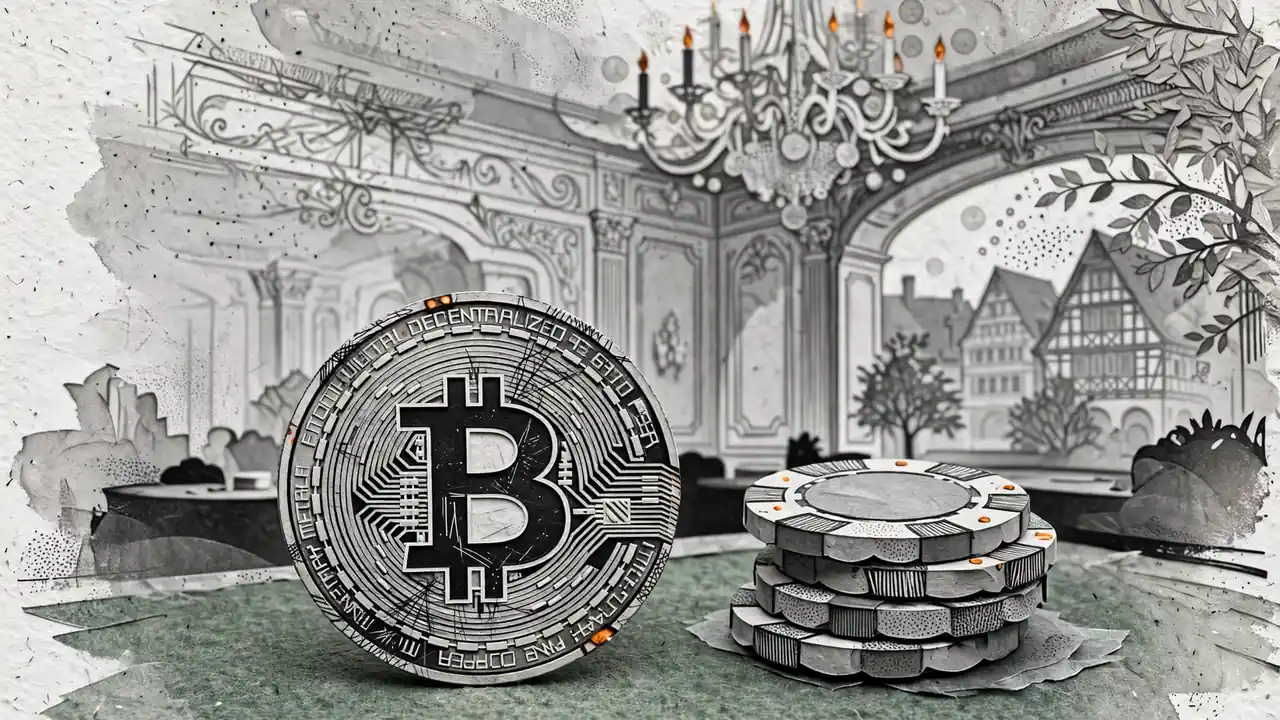 Metallische Kryptomünze auf grünem Filz neben Casino-Chips in elegantem Spielsaal