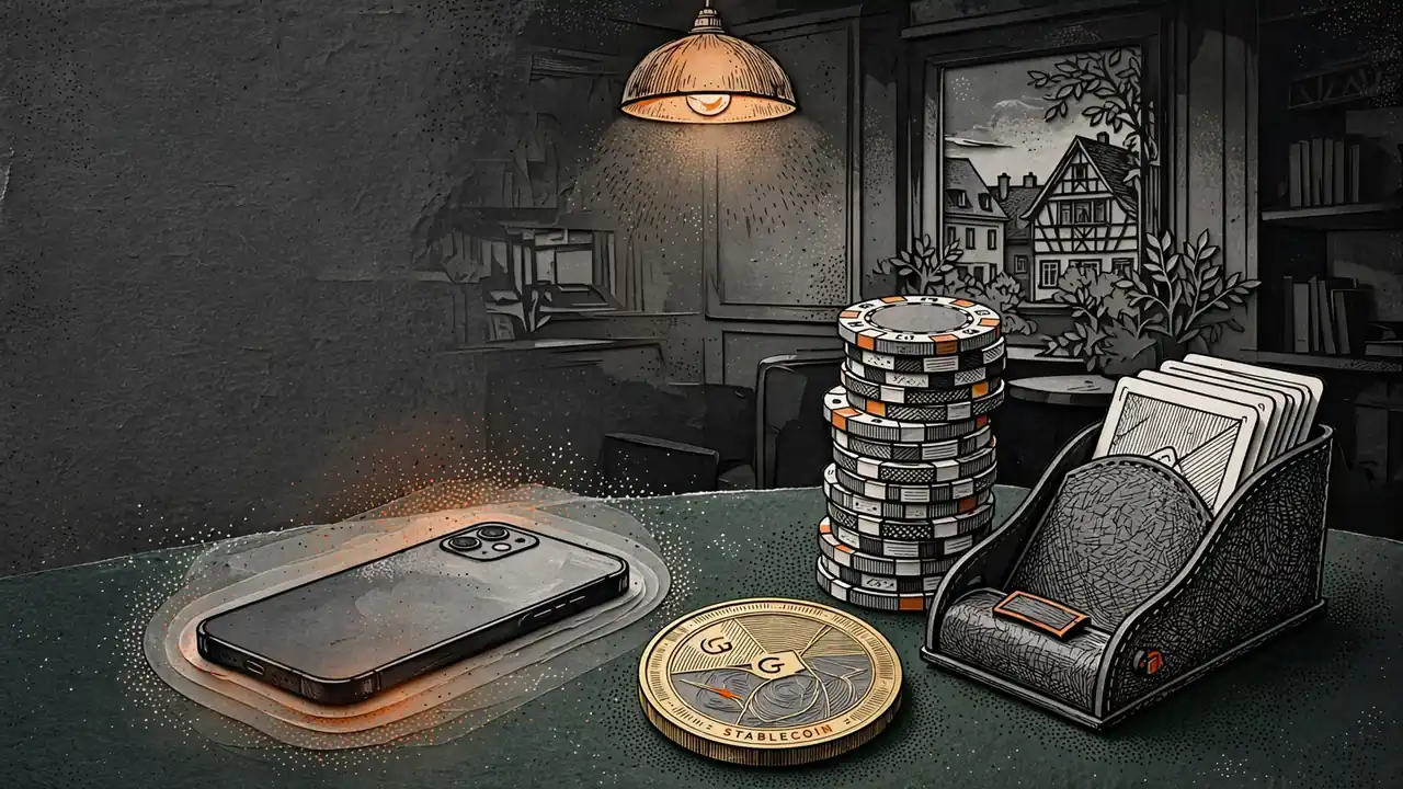 Goldfarbene Stablecoin-Münze auf Casinotisch mit Pokerchips, Kartenschlitten und Smartphone.
